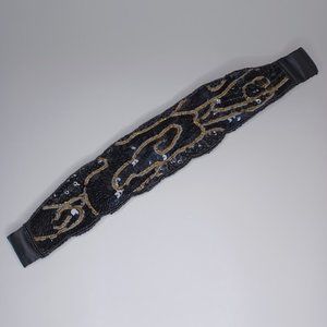 Vintage La Rue Black Gold Sequined Satin Belt M/L